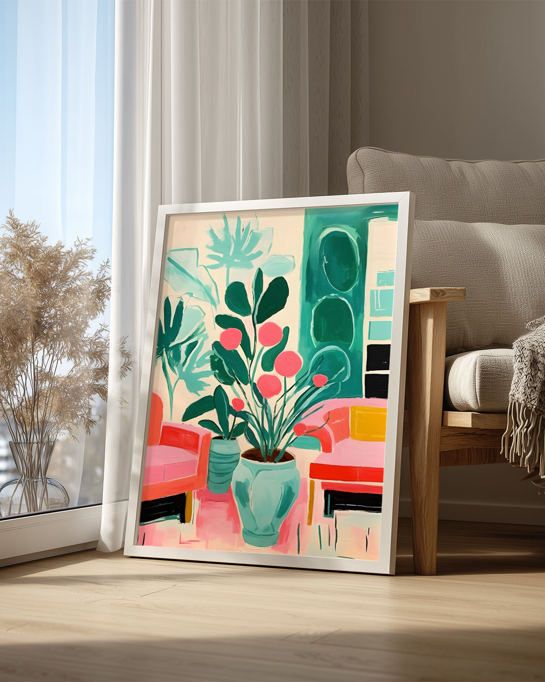 Renkli Oturma Odası - Modern Tasarım Ve Bitkilerle Doldurulmuş Poster Tablosu