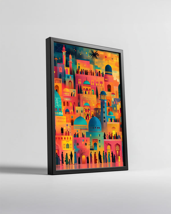Renkli Şehir Manzarası - Gece Hayatı ve Geleneksel Mimari Poster Tablosu