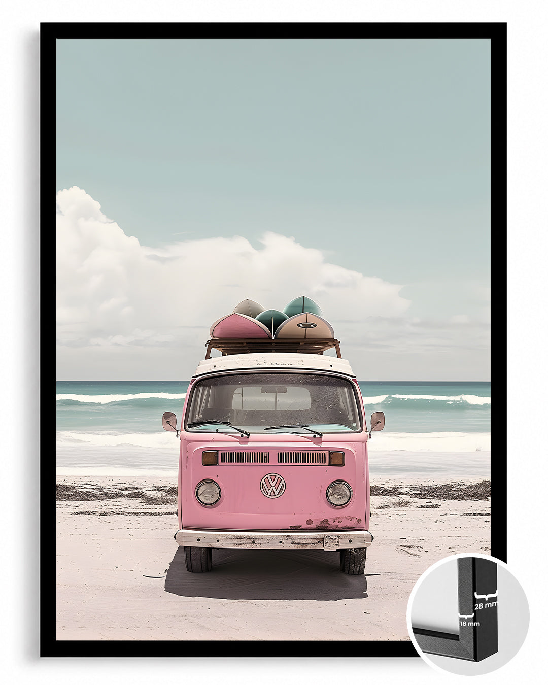 Sahilde Pembe Araba Poster Tablosu