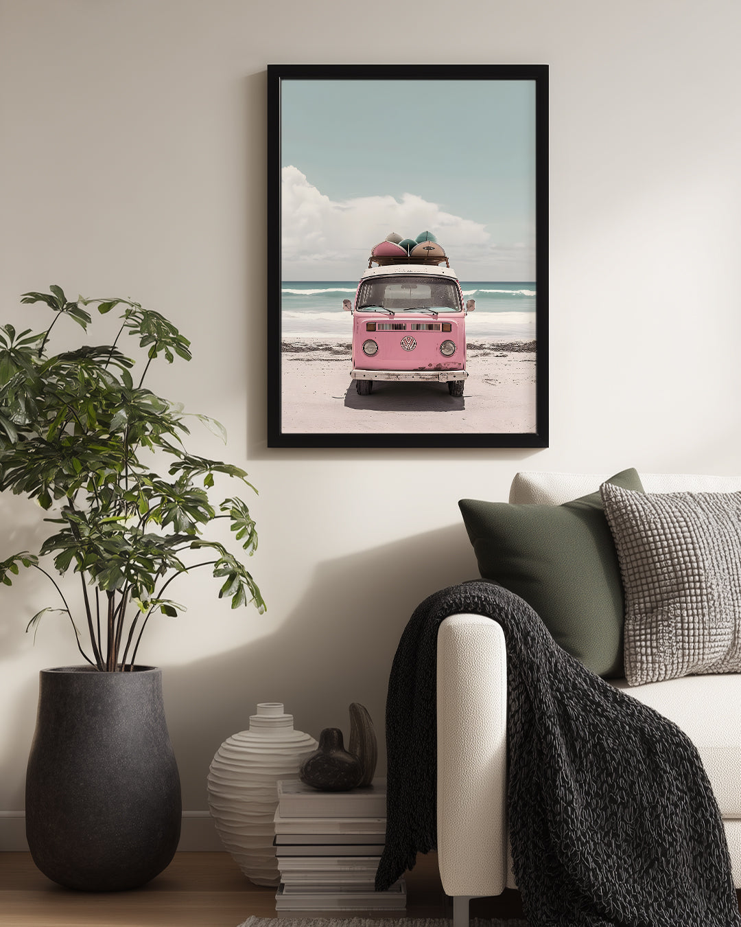 Sahilde Pembe Araba Poster Tablosu
