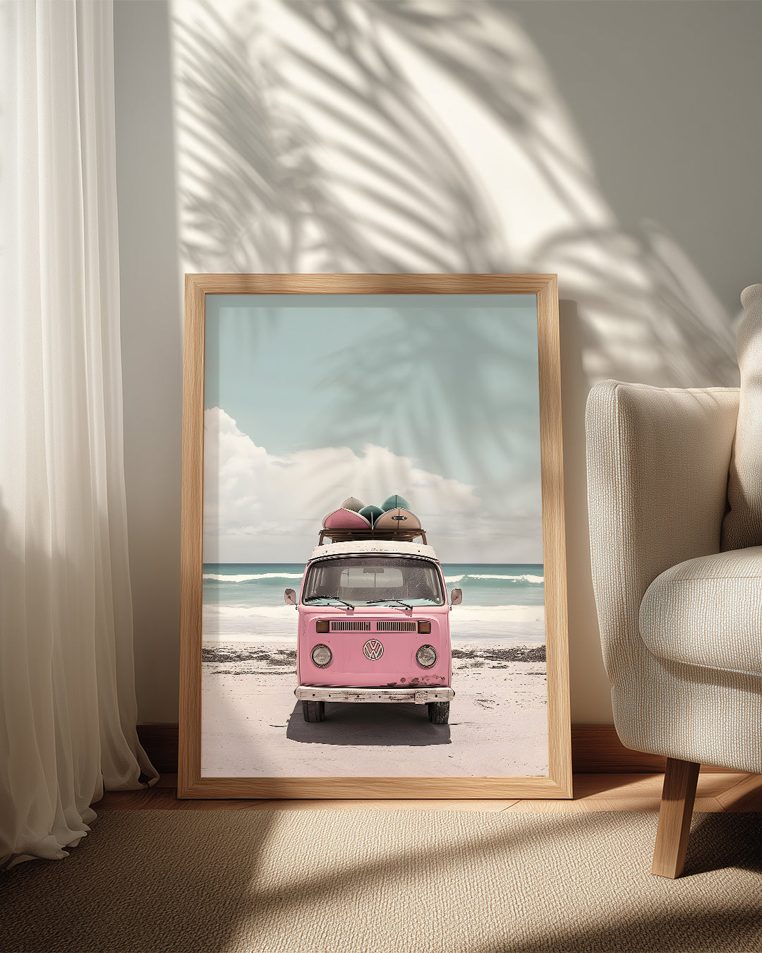 Sahilde Pembe Araba Poster Tablosu
