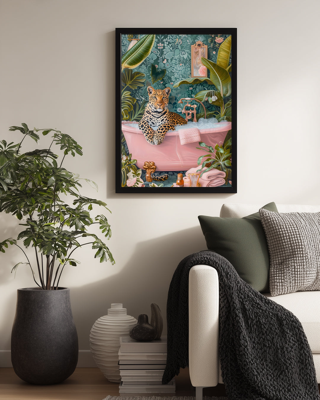 Siyahlı Leopar Küvet - Şık Banyo Manzarası Poster Tablosu