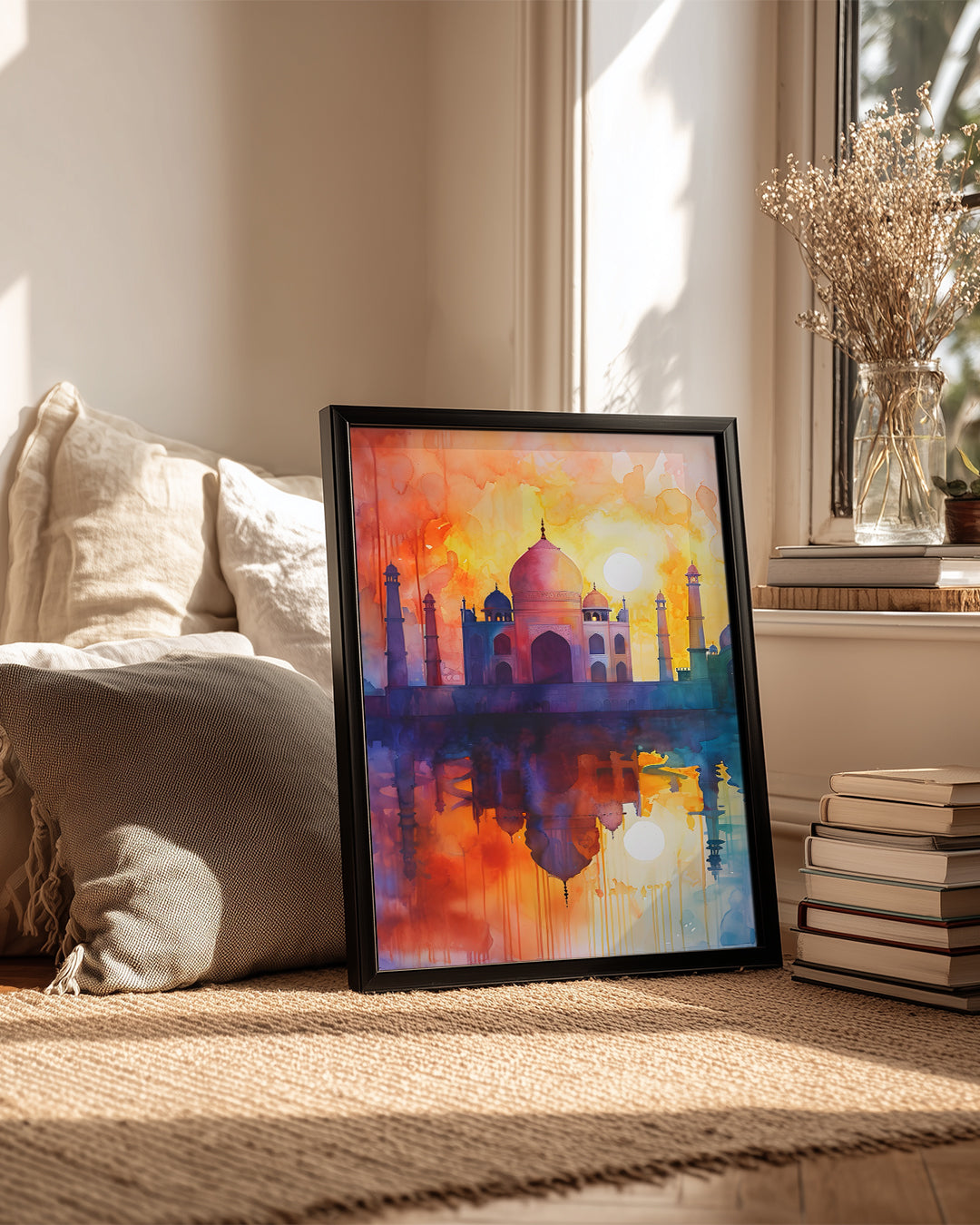 Taj Mahal Silüeti - Su Renklerinde Görkemli Gün Batımı Poster Tablosu