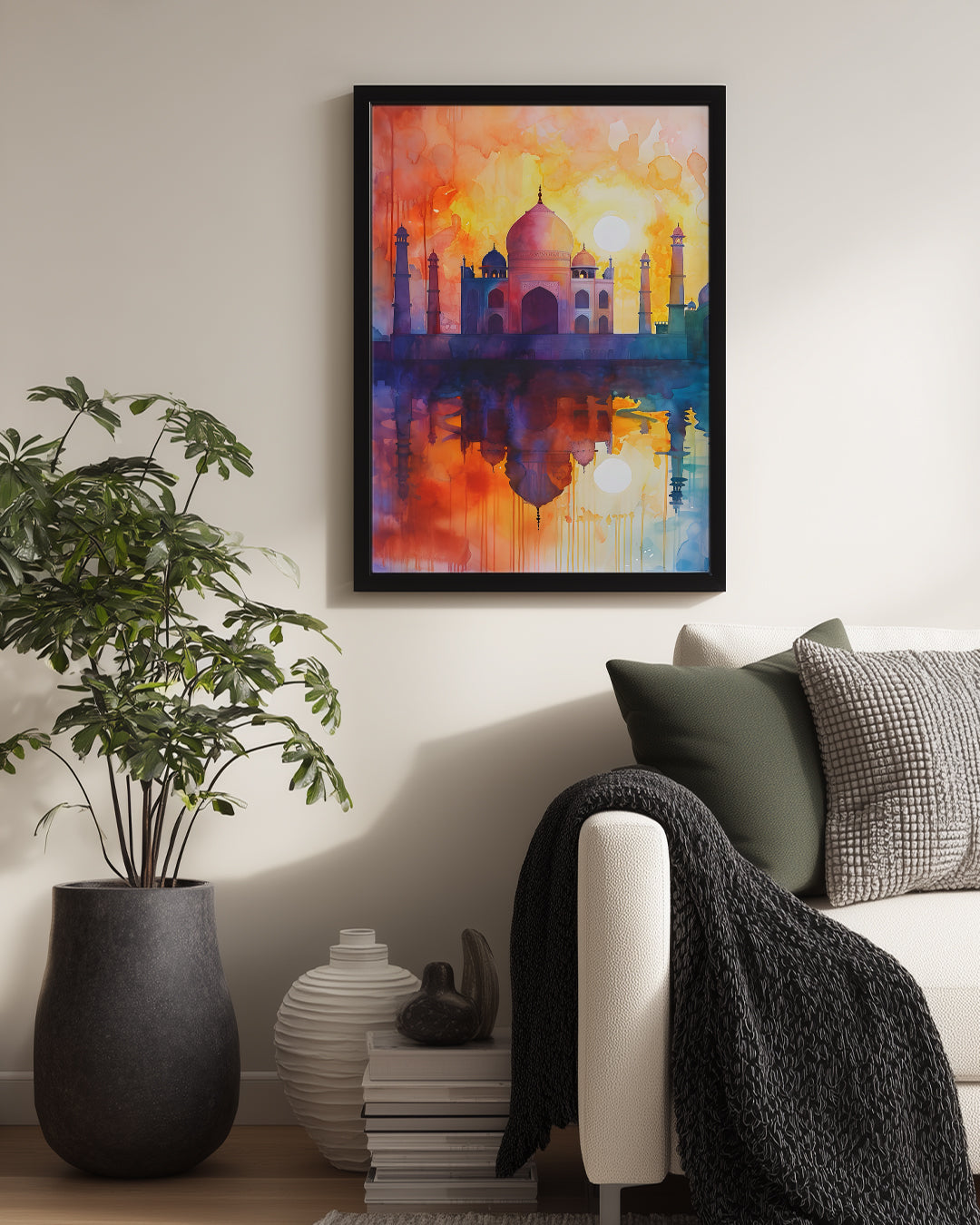 Taj Mahal Silüeti - Su Renklerinde Görkemli Gün Batımı Poster Tablosu