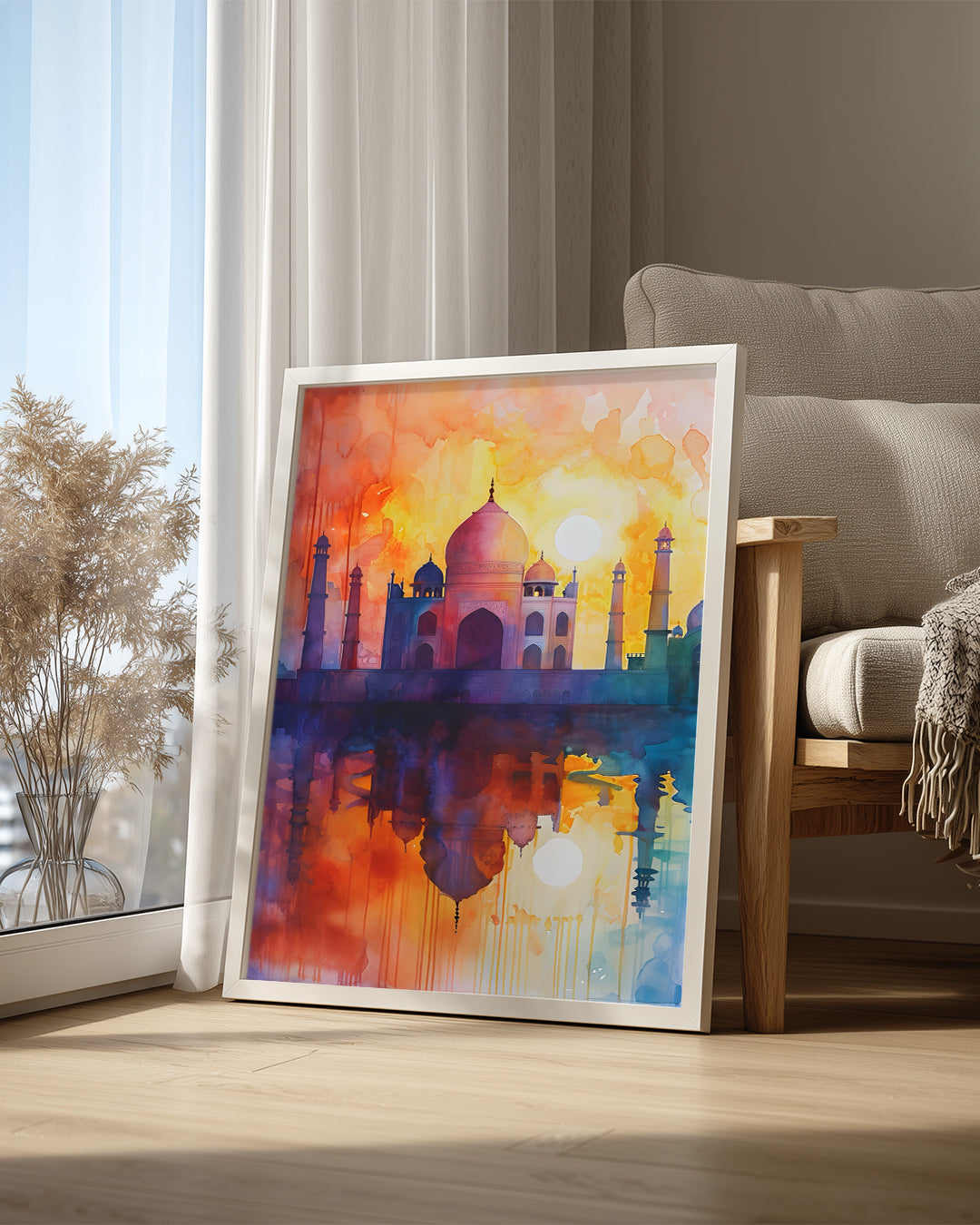 Taj Mahal Silüeti - Su Renklerinde Görkemli Gün Batımı Poster Tablosu