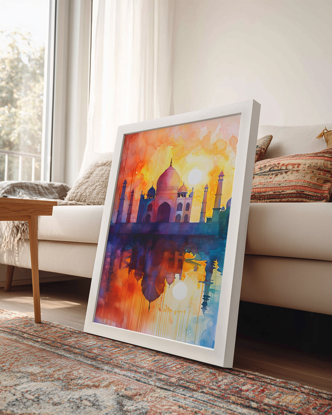Taj Mahal Silüeti - Su Renklerinde Görkemli Gün Batımı Poster Tablosu