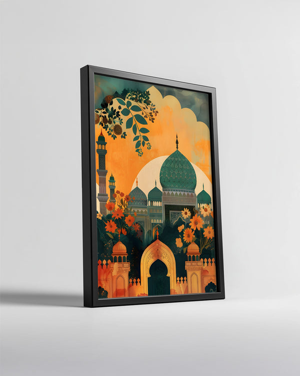 Tarihi Camii Manzarası - Renkli Çiçeklerle Süslenmiş Ortam Poster Tablosu