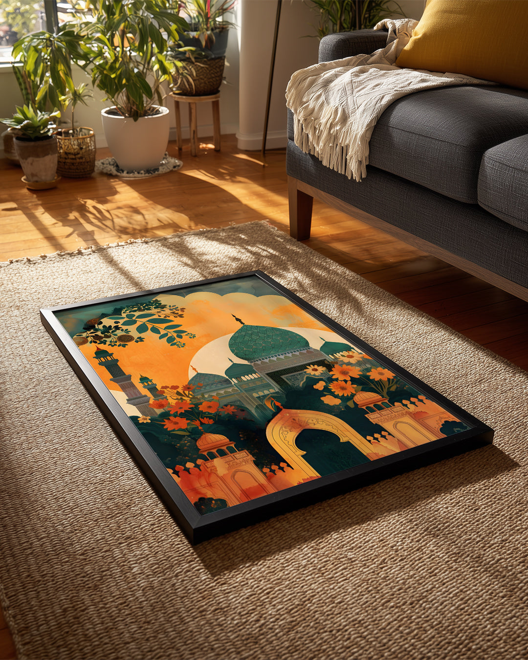 Tarihi Camii Manzarası - Renkli Çiçeklerle Süslenmiş Ortam Poster Tablosu