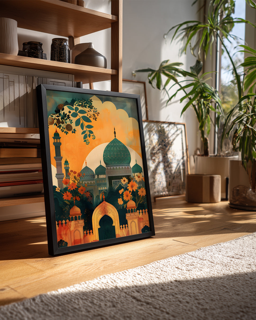 Tarihi Camii Manzarası - Renkli Çiçeklerle Süslenmiş Ortam Poster Tablosu