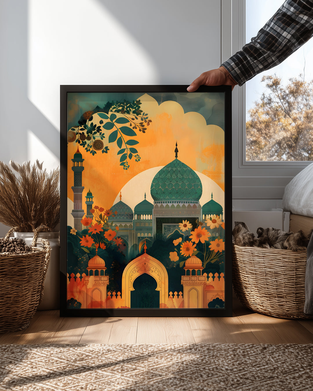 Tarihi Camii Manzarası - Renkli Çiçeklerle Süslenmiş Ortam Poster Tablosu