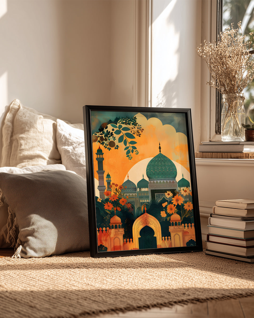 Tarihi Camii Manzarası - Renkli Çiçeklerle Süslenmiş Ortam Poster Tablosu