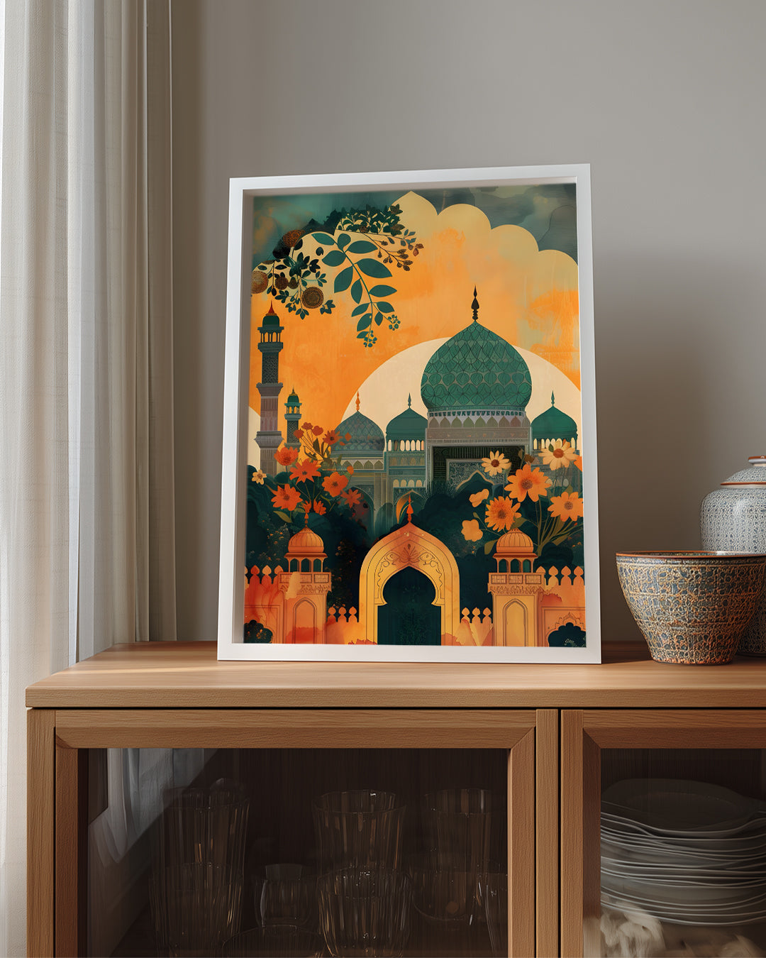 Tarihi Camii Manzarası - Renkli Çiçeklerle Süslenmiş Ortam Poster Tablosu