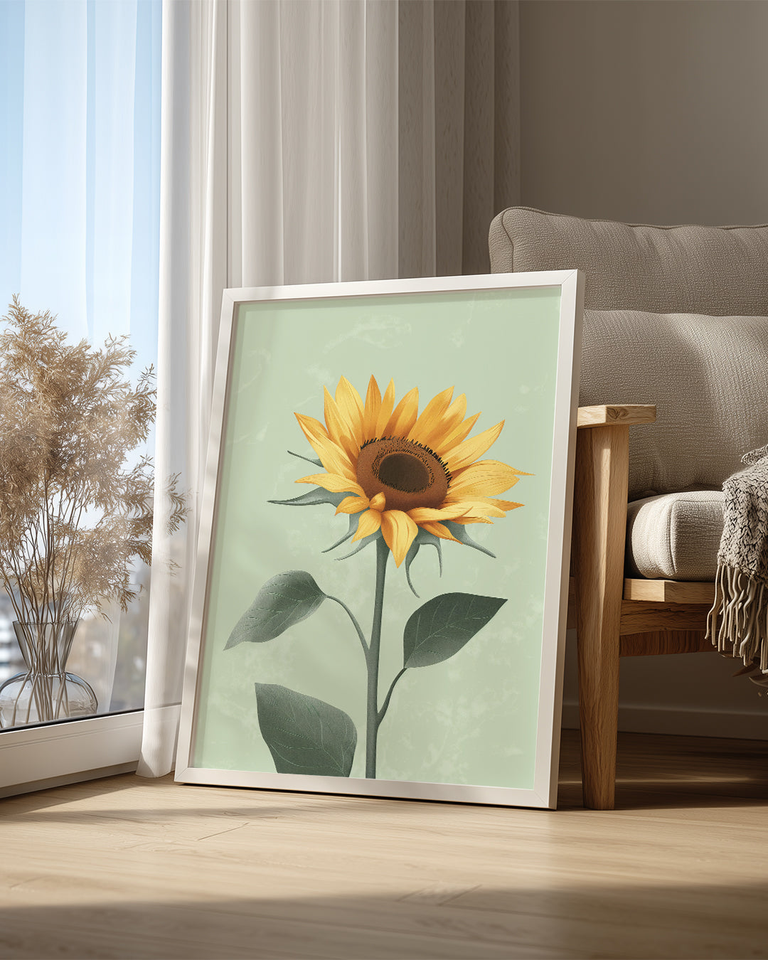 Tek Ayçiçek - Yeşil Arka Plan Poster Tablosu