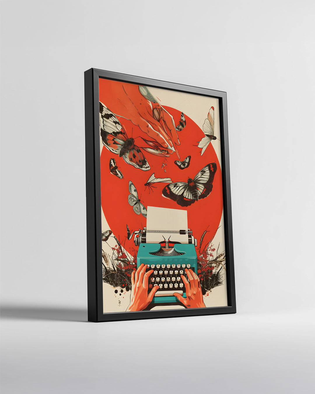 Yazı Makinesi Ve Kelebekler - Yaratıcılık Temalı Sanat Çalışması Poster Tablosu
