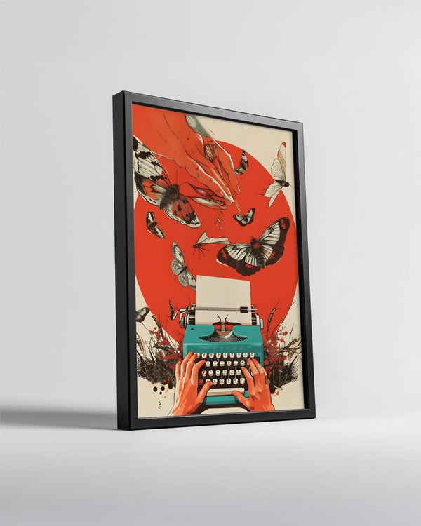 Yazı Makinesi Ve Kelebekler - Yaratıcılık Temalı Sanat Çalışması Poster Tablosu