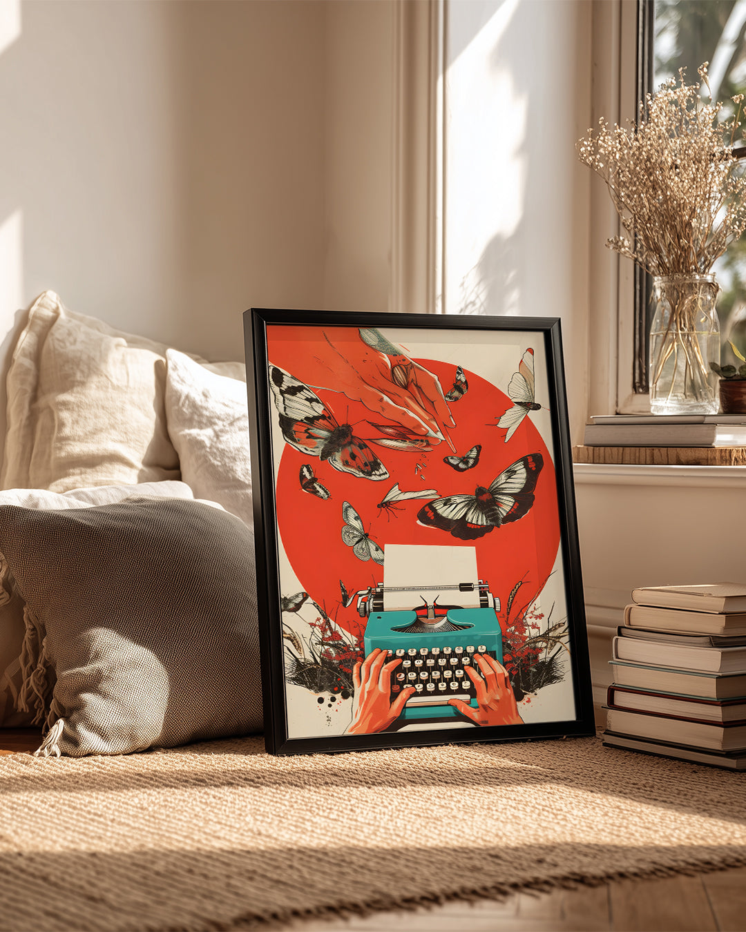 Yazı Makinesi Ve Kelebekler - Yaratıcılık Temalı Sanat Çalışması Poster Tablosu