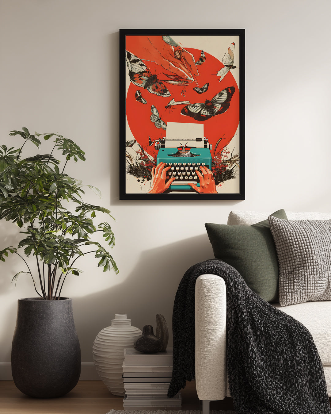 Yazı Makinesi Ve Kelebekler - Yaratıcılık Temalı Sanat Çalışması Poster Tablosu