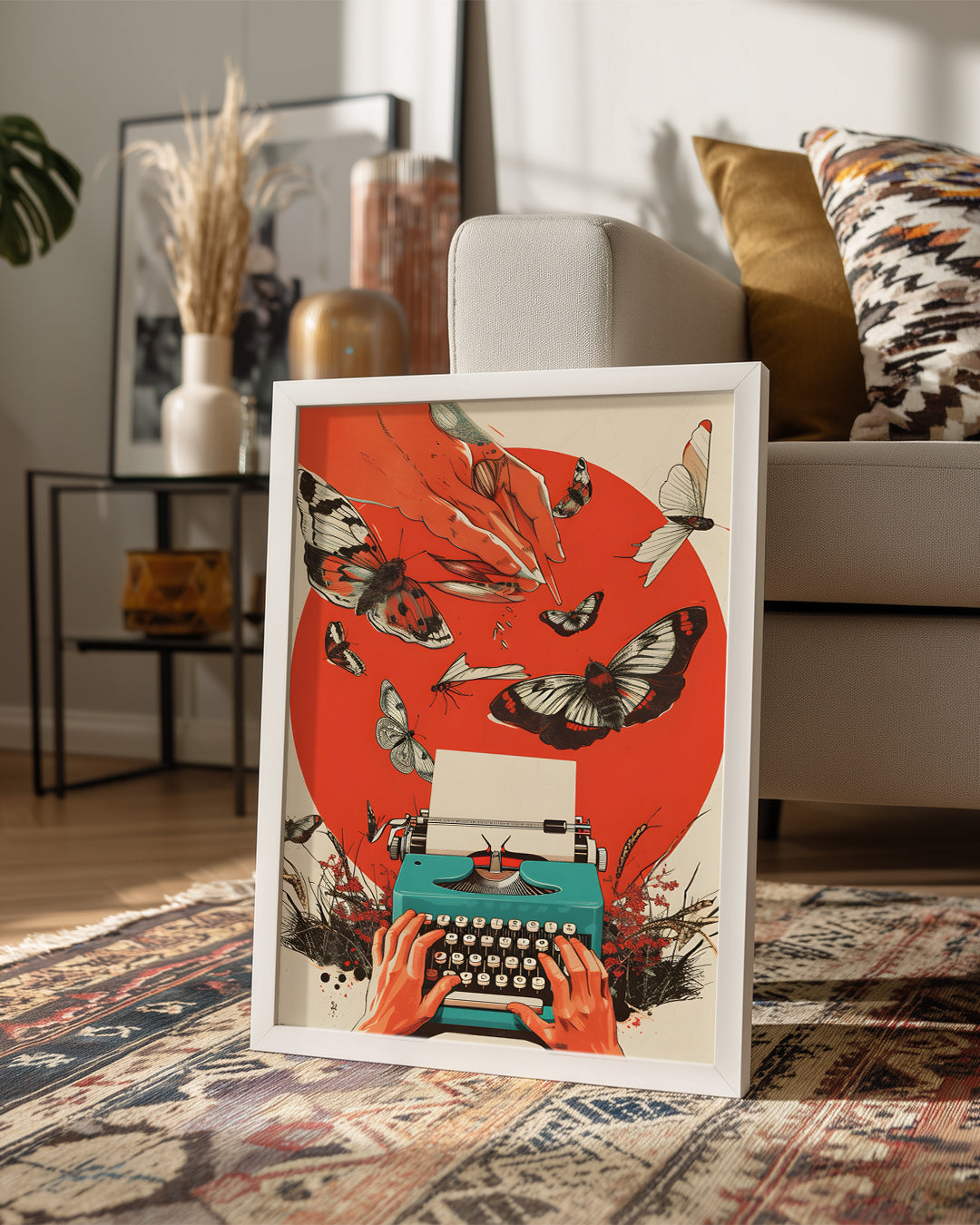 Yazı Makinesi Ve Kelebekler - Yaratıcılık Temalı Sanat Çalışması Poster Tablosu