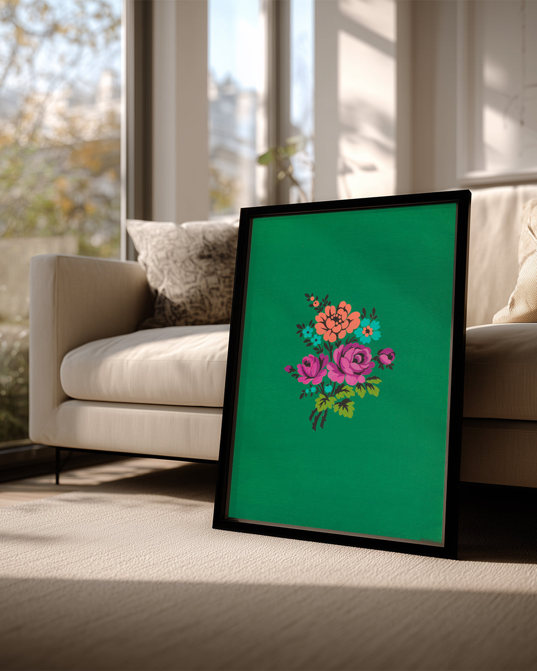 Yeşil Üzerinde Çiçek - Canlı Renkler Buketi Poster Tablosu