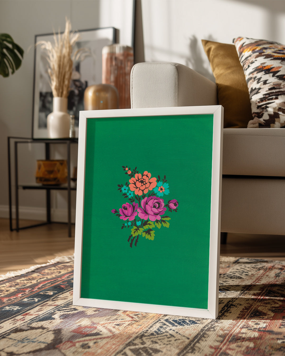 Yeşil Üzerinde Çiçek - Canlı Renkler Buketi Poster Tablosu