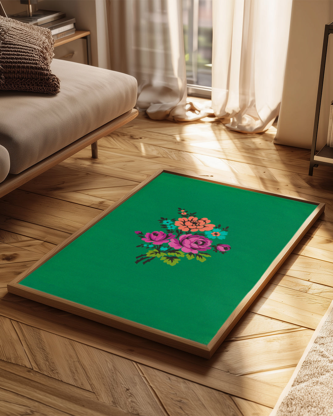 Yeşil Üzerinde Çiçek - Canlı Renkler Buketi Poster Tablosu