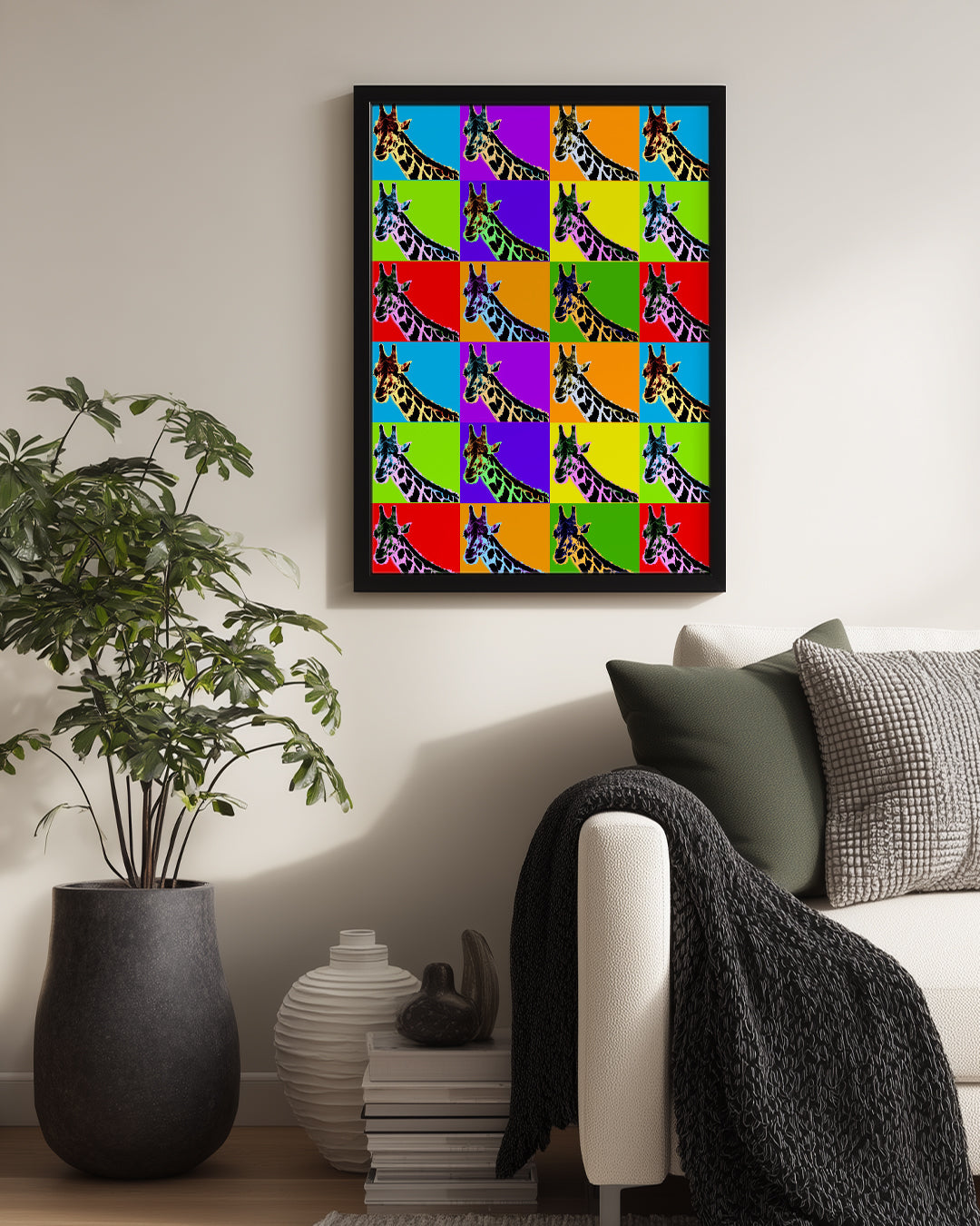 Zebra Desenli Zürafa - Renkli Pop Art Tarzı İllüstrasyon Poster Tablosu