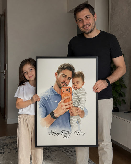 Babama Özel Sulu Boya Portre Fotoğraflı Poster Tablosu