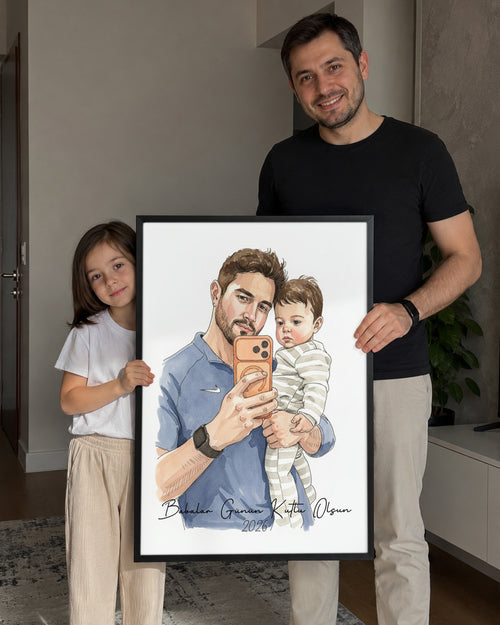 Babama Özel Çizim Portre Fotoğraflı Poster Tablosu