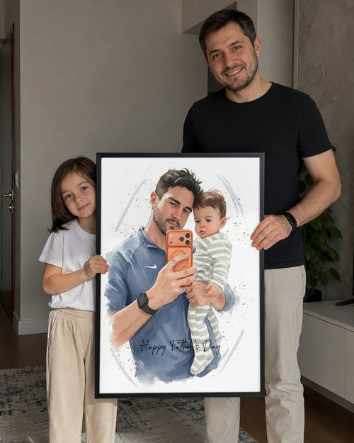 Babama Özel Modern Sulu Boya Portre Fotoğraflı Poster Tablosu