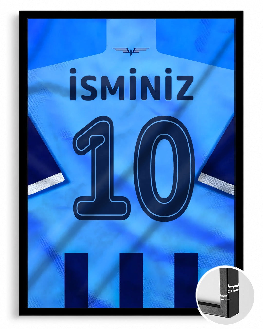 Açık Mavi Lacivert Forma Arkası İsimli Numaralı Poster Tablo — siyah çerçeve, ön görünüm