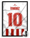 Kırmızı Beyaz Yeni Sezon Forma Arkası İsimli Numaralı Poster Tablo — siyah çerçeve, ön görünüm