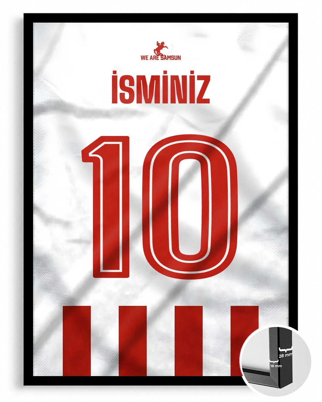 Kırmızı Beyaz Yeni Sezon Forma Arkası İsimli Numaralı Poster Tablo — siyah çerçeve, ön görünüm