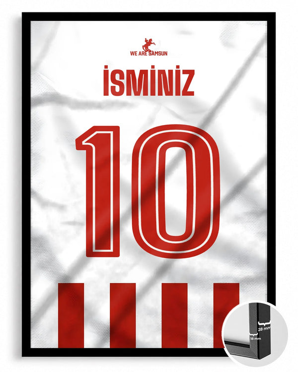 Kırmızı Beyaz Yeni Sezon Forma Arkası İsimli Numaralı Poster Tablo — siyah çerçeve, ön görünüm