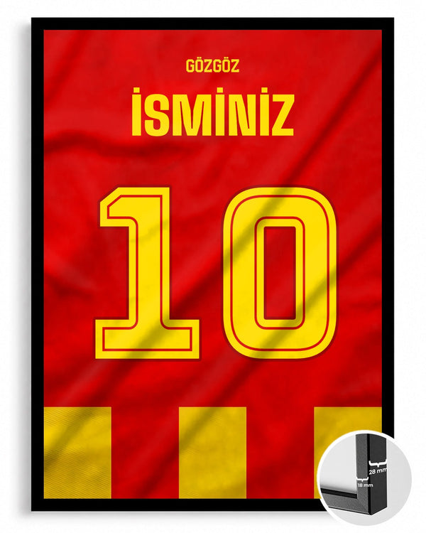 Kırmızı Sarı Yeni Sezon Forma Arkası İsimli Numaralı Poster Tablo — siyah çerçeve, ön görünüm