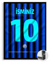 Mavi Siyah Çubuklu Forma Arkası İsimli Numaralı Poster Tablo — siyah çerçeve, ön görünüm