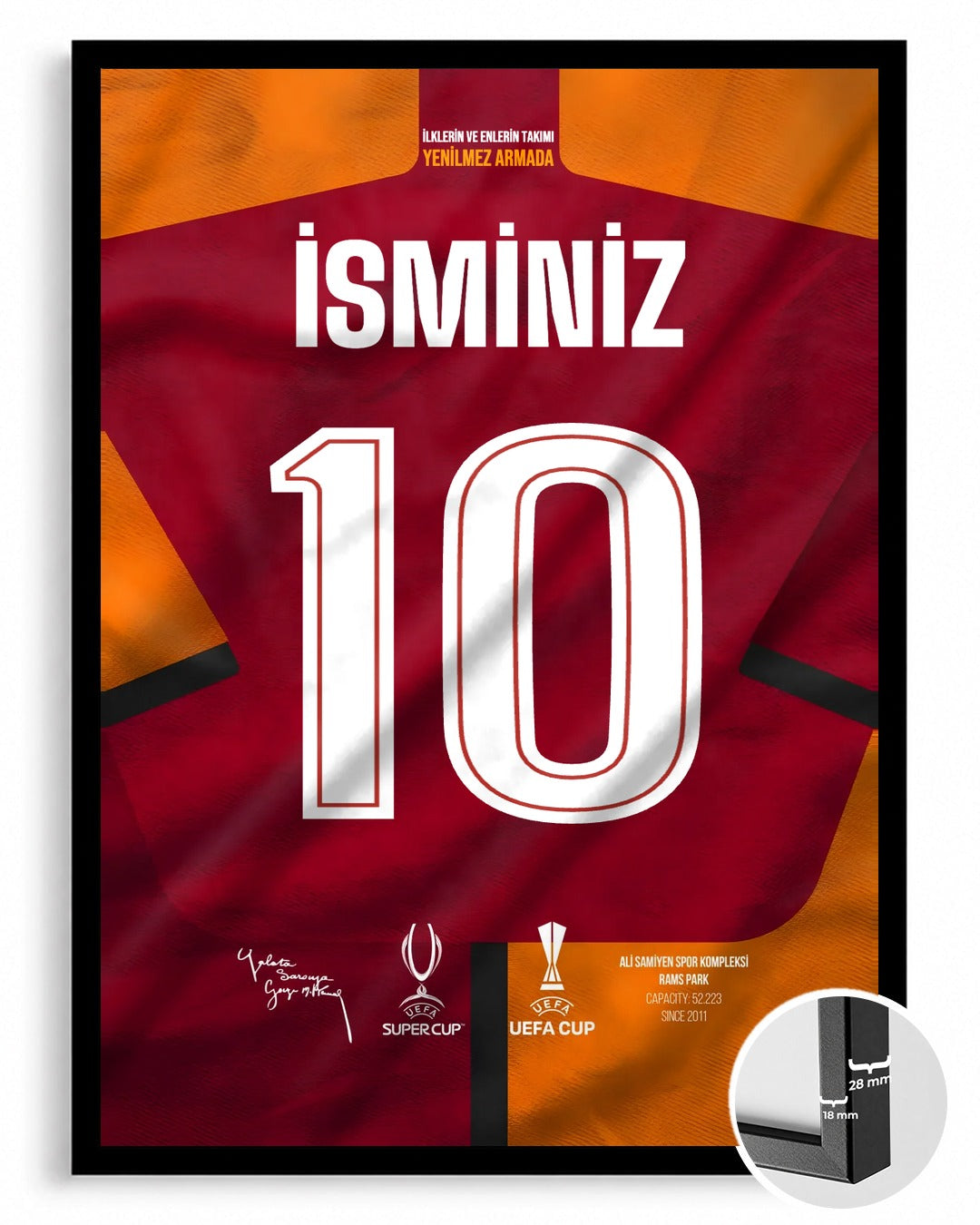 Sarı Kırmızı Parçalı Forma Arkası İsimli Numaralı Poster Tablo — siyah çerçeve, ön görünüm