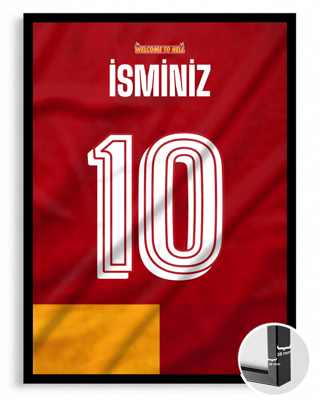 Sarı Kırmızı Yeni Sezon Forma Arkası İsimli Numaralı Poster Tablo — siyah çerçeve, ön görünüm