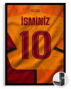 Sarı Kırmızı Forma Arkası İsimli Numaralı Poster Tablo — siyah çerçeve, ön görünüm