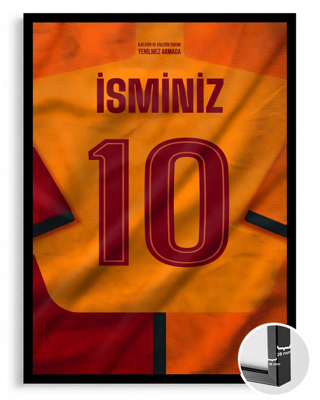 Sarı Kırmızı Forma Arkası İsimli Numaralı Poster Tablo — siyah çerçeve, ön görünüm