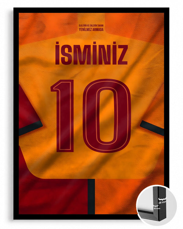 Sarı Kırmızı Forma Arkası İsimli Numaralı Poster Tablo — siyah çerçeve, ön görünüm