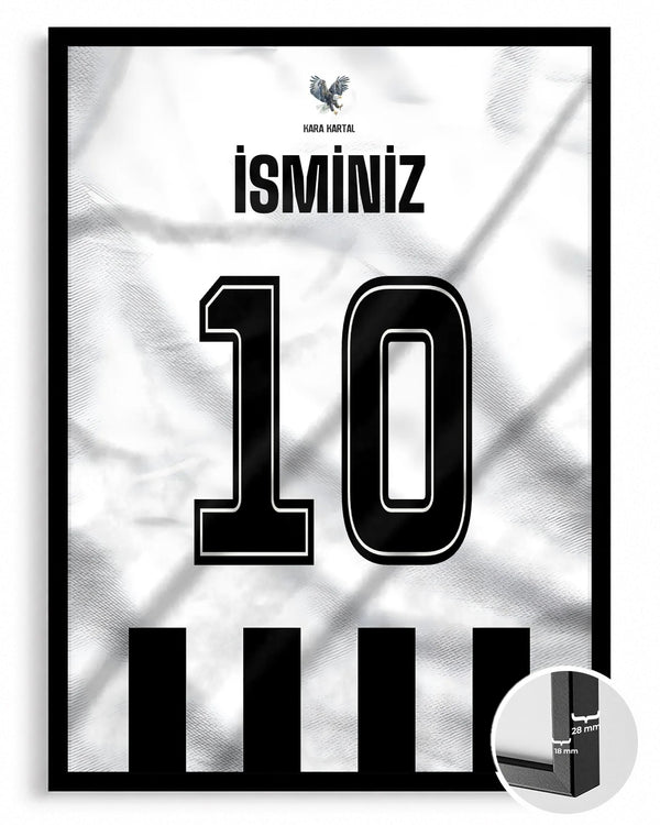 Siyah Beyaz Yeni Sezon Forma Arkası İsimli Numaralı Poster Tablo — siyah çerçeve, ön görünüm