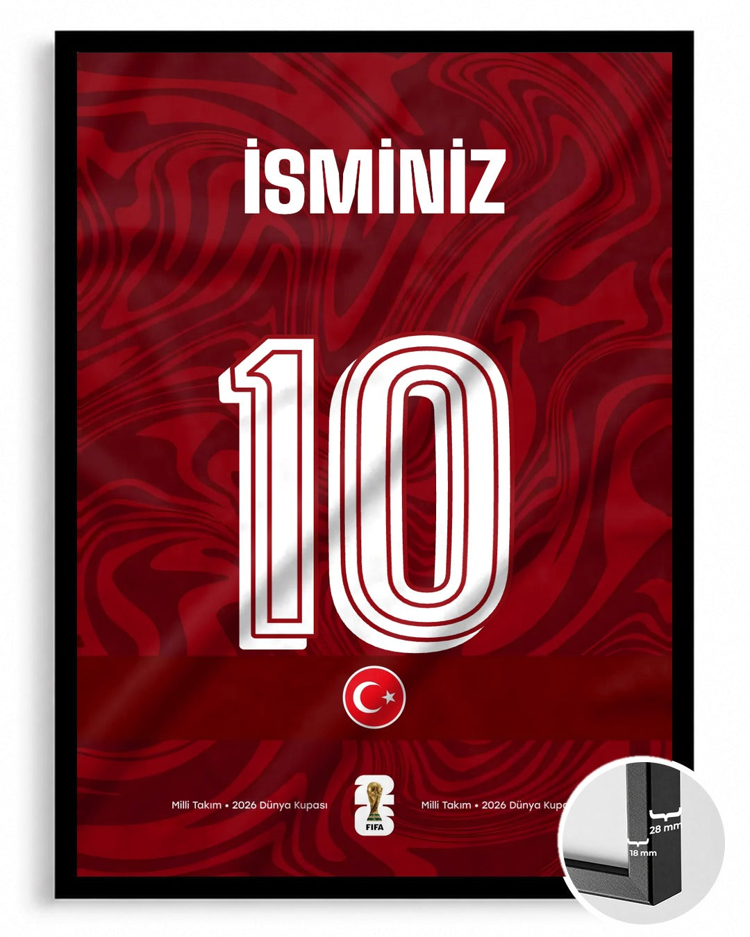 Türkiye Milli Takım Forma Arkası İsimli Numaralı Poster Tablo — siyah çerçeve, ön görünüm