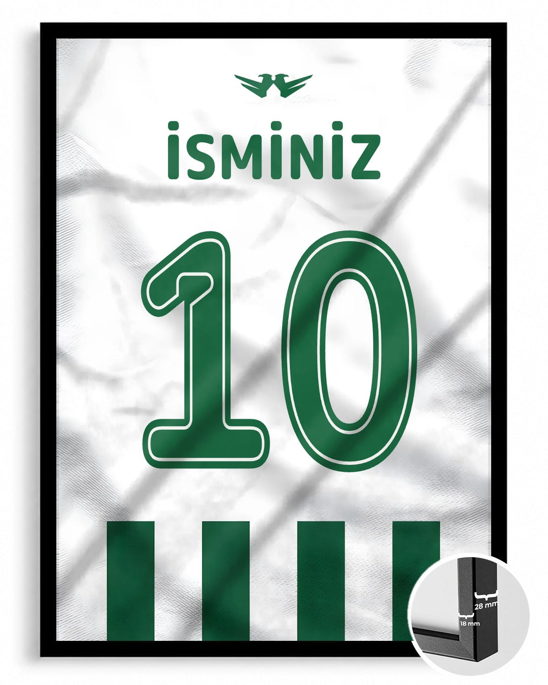 Yeşil Beyaz Yeni Sezon Forma Arkası İsimli Numaralı Poster Tablo — siyah çerçeve, ön görünüm