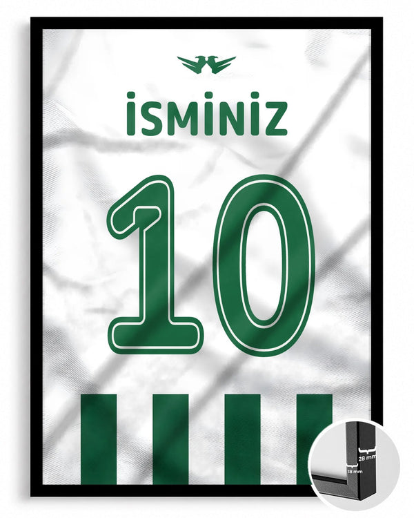 Yeşil Beyaz Yeni Sezon Forma Arkası İsimli Numaralı Poster Tablo — siyah çerçeve, ön görünüm
